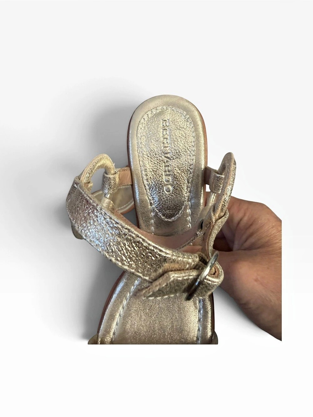 Bernardo Anthropologie Harlow Heeled Sandal Wood Block Gold Leather 9.5 Formal - Picture 5 of 11